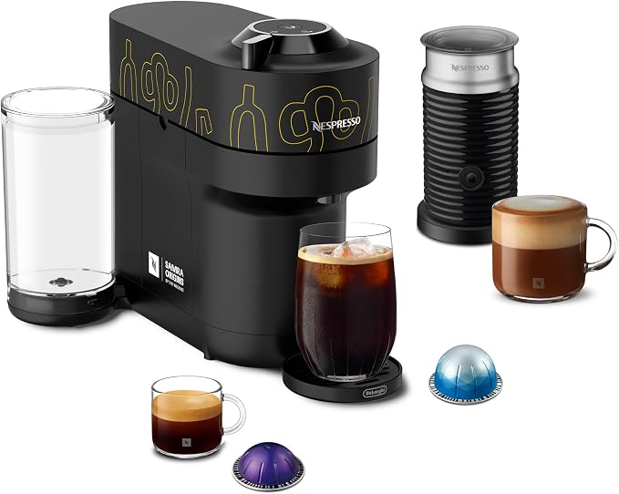 Nespresso Samra Origins Vertuo Pop+ Coffee Machine with Milk Frother | Samra Origins by The Weeknd in buna yellow, by De'Longhi. Aeroccino3 frother bundle for hot or cold foam drinks at home. by Unknown