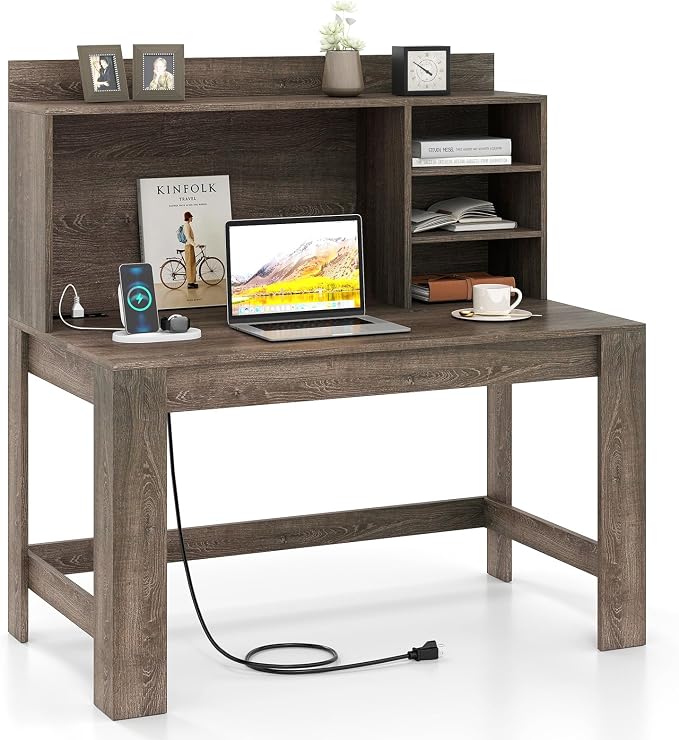 Giantex Computer Desk with Hutch, Modern Home Office Desk with Power Outlets, Storage Shelves & Cable Hole, Makeup Vanity Table, Study Writing Desk for Bedroom Office Small Space (Grey Oak) by Giantex