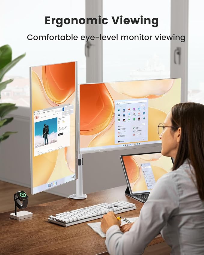 ErGear Fully Adjustable Dual Monitor Mount for 2 Screens up to 32 Inches, Holds up to 17.6 lbs Each Arm, Desk Stand, White - Image 4