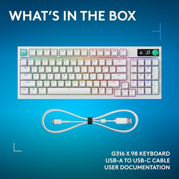 Logitech G316 X 98 MechanicalGaming Keyboard (Tactile) - White | Hot-Swappable Tactile Mechanical Switches, Gasket Design, PBT Keycaps, <8Khz, LIGHTSYNC RGB, Dot-Matxix LED Display, USB-C - Image 12
