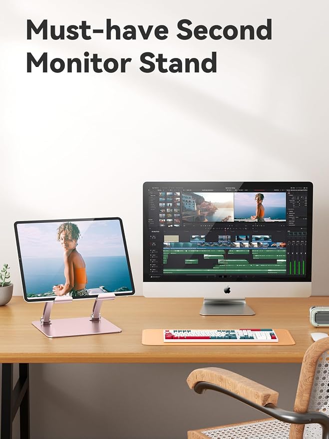 tounee Tablet Holder Stand, Dual Rod Adjustable Aluminum Desktop Stand, Compatible with 4.7-16.9" iPads, Surface Tablets, Portable Monitor, Kindle and More (Rose Gold) - Image 7