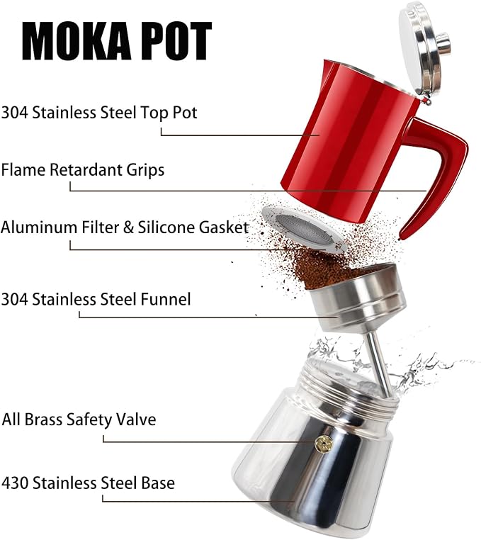 4 Cup Thickened 304 Stainless Steel Moka Pot Stovetop Espresso Maker Cafeteras Italian Percolator Espress Makers Capable Greca Mocha Coffee Machine for Induction Home and Camping 200ml 6.6oz - Image 4