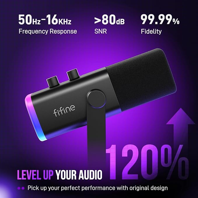 FIFINE AmpliGame AM8 USB/XLR Dynamic Microphone for Gaming Streaming | Podcast Mic with RGB Light, Mute Button, Headphones Jack, Desktop Stand, for Vocal Recording Singing YouTube - Image 3