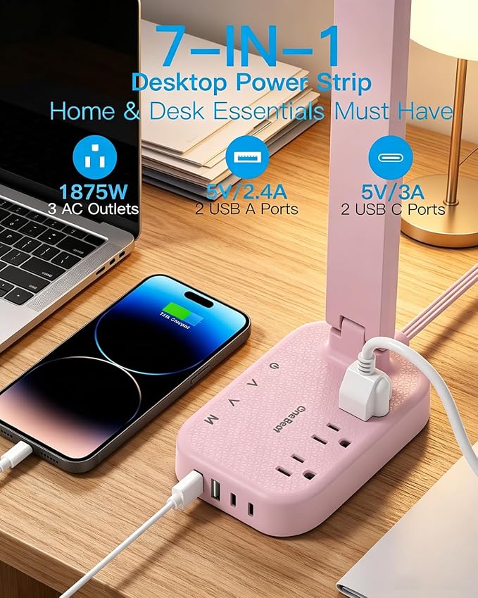 LED Desk Lamp, Power Strip with 4 USB 3 Outlets, Dorm Room Essentials, Pink | One Beat 4 Modes 5 Level Brightness Touch Lamp, Small Desk Lamp for Home Office College Dorm Essentials, Study Reading Light - Image 2