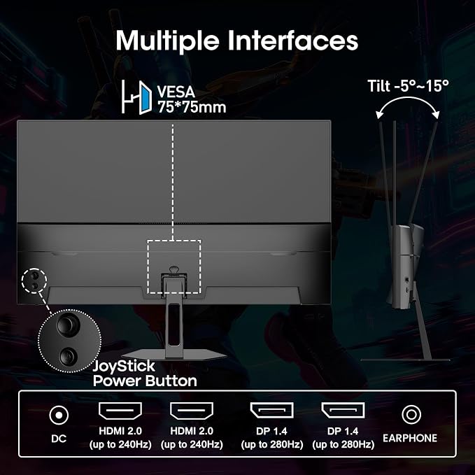 Amzfast 24.5 Inch 280Hz/240Hz FHD 1080p Gaming Monitor, 1ms Adaptive Sync, 3000:1, 126% sRGB, 93% DCI-P3, TÜV Rheinland Eye Care, HDMI 2.0 x 2 & DP 1.4 x 2, AMZG25X1 Pro - Image 9