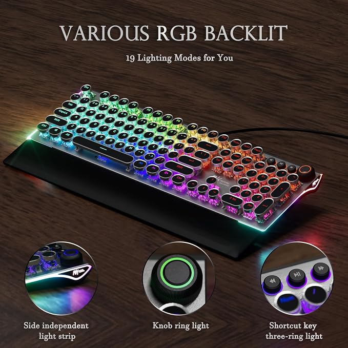 RK ROYAL KLUDGE X108 Typewriter Keyboard with Knob, Wired Mechanical Gaming Keyboard, 108 Keys RGB Backlit Sidelight, Detachable Wrist Rest, Retro Round Keycaps Blue Switches - Shadow Black - Image 5