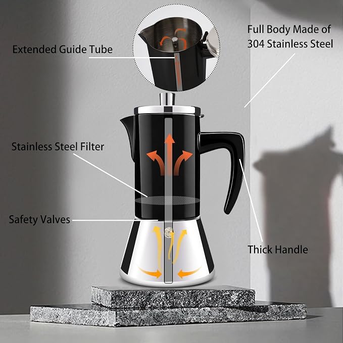 6 Cup Thickened 304 Stainless Steel Moka Pot Stovetop Espresso Maker Cafeteras Italian Percolator Espress Makers Capable Greca Mocha Coffee Machine for Induction Home and Camping 300ml 10oz - Image 3