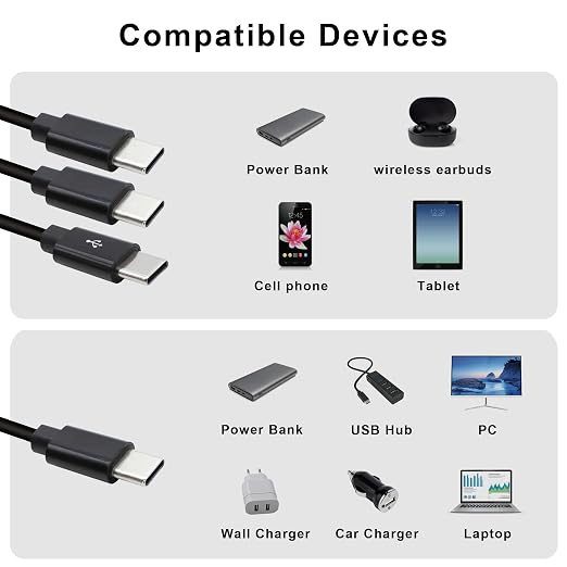 3 in 1 USB Type C Splitter Cable,USB C Male to 3 USB C Male Data Snyc and Charging Cord,USB C Multi Charging Cable for Cell Phones,Tablets and More(1.6FT/0.5M) - Image 3