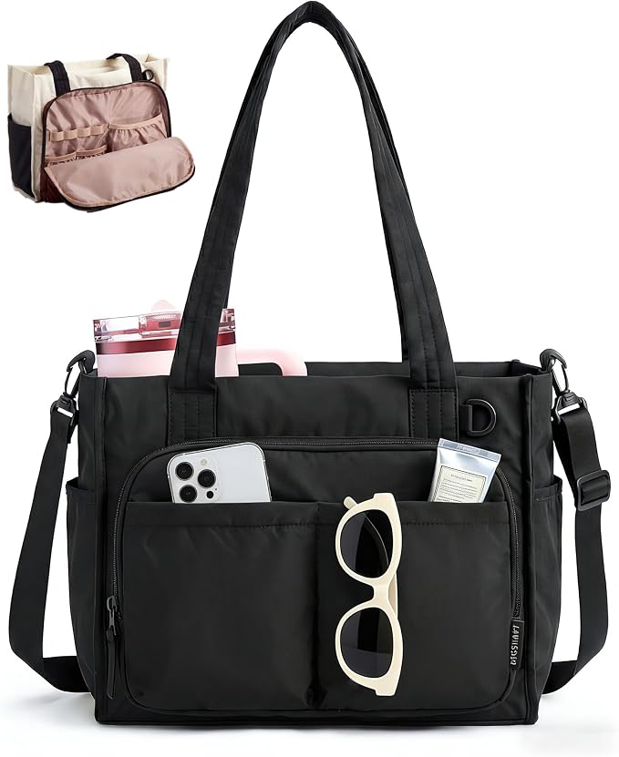 BAGSMART Small Tote Bag for Women, 13'' Laptop Canvas Work Bag with Zipper | 30oz/40oz Tumble & 11 Pockets Travel Tote, Teachers/Nurses, Lightweight Canvas or Water-Resistant Puffer Taslon Crossbody Bag by BAGSMART