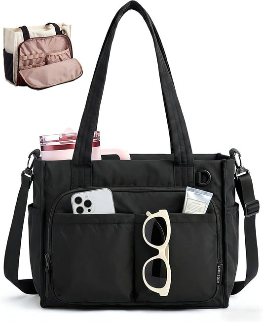 BAGSMART Small Tote Bag for Women, 13'' Laptop Canvas Work Bag with Zipper | 30oz/40oz Tumble & 11 Pockets Travel Tote, Teachers/Nurses, Lightweight Canvas or Water-Resistant Puffer Taslon Crossbody Bag by BAGSMART