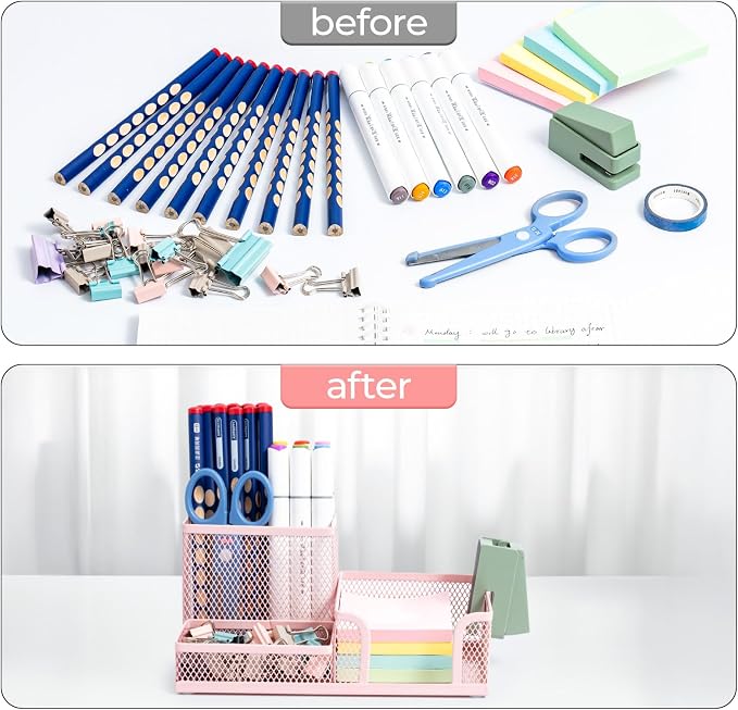 M&G Mesh Pen Holder Desk Organizers Pencil Holder for Desk Pink, 3 Compartments Metal Office Supply Organizer with Sticky Notes Holder for Home Office - Image 5