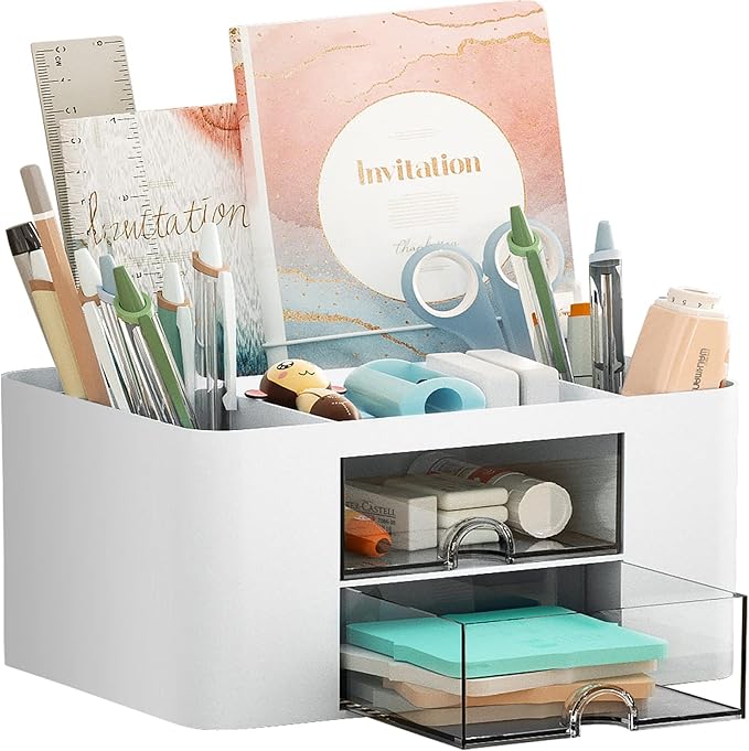 Marbrasse Pen Organizer with 2 Drawer, Multi-Functional Pencil Holder for Desk, Desk Organizers and Accessories with 5 Compartments + Drawer for Office Art Supplies (White) by Marbrasse