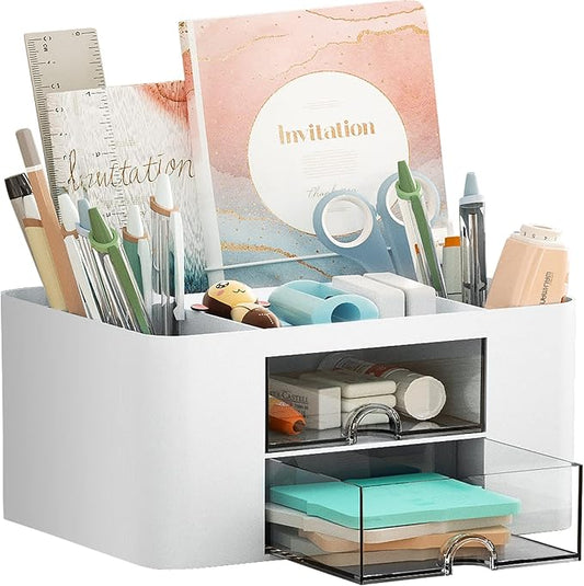 Marbrasse Pen Organizer with 2 Drawer, Multi-Functional Pencil Holder for Desk, Desk Organizers and Accessories with 5 Compartments + Drawer for Office Art Supplies (White) by Marbrasse