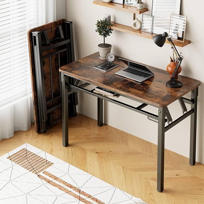 BYMECOST 31.5 inches Folding Desk Small Desk, No Assembly Computer Desk with Storage Shelf, No Install Small Foldable Table for Home Office,Study Table for Small Space (Brown, 31.5") by BYMECOST