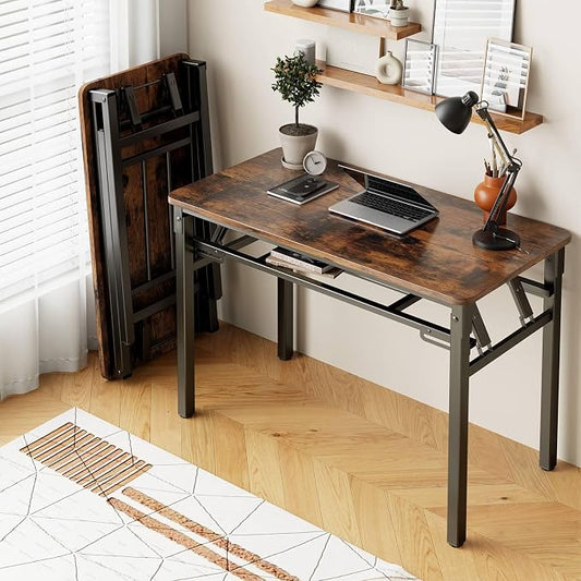 BYMECOST 31.5 inches Folding Desk Small Desk, No Assembly Computer Desk with Storage Shelf, No Install Small Foldable Table for Home Office,Study Table for Small Space (Brown, 31.5") by BYMECOST