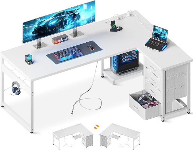 AODK 61" L Shaped Gaming Desk with 4 Drawers and Power Outlets, White | USB Ports, PC Tower Stand, Hooks, Reversible Corner Layout for Gaming Rooms, Bedrooms and Home Office by AODK