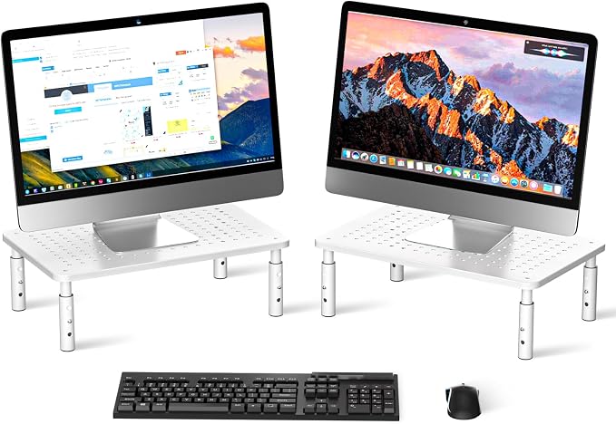 Bracwiser Monitor Stand Riser,3 Level Height Adjustable Desktop monitor stand for Computer, Laptop, Printer, Notebook with Vented Metal Platform 370X235MM 2 Packs,White by Bracwiser