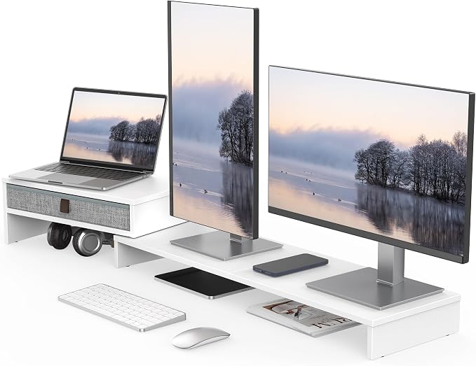 Fenge Computer Monitor Riser Stand with Drawer for 2 or 3 Monitors ,Adjustable Length and Angle Desktop Laptop Stand,Office Organizer,Printer,White by Fenge