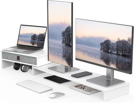 Fenge Computer Monitor Riser Stand with Drawer for 2 or 3 Monitors ,Adjustable Length and Angle Desktop Laptop Stand,Office Organizer,Printer,White by Fenge