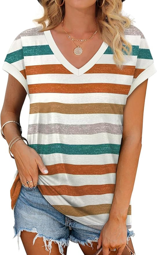 WIHOLL Womens Summer Tops 2026 Cap Short Sleeve Shirs V Neck T Shirts Fashion Beach Vacation Clothes Color Block by WIHOLL