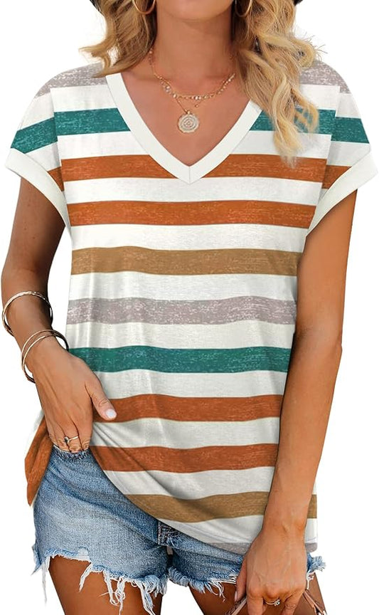 WIHOLL Womens Summer Tops 2026 Cap Short Sleeve Shirs V Neck T Shirts Fashion Beach Vacation Clothes Color Block by WIHOLL