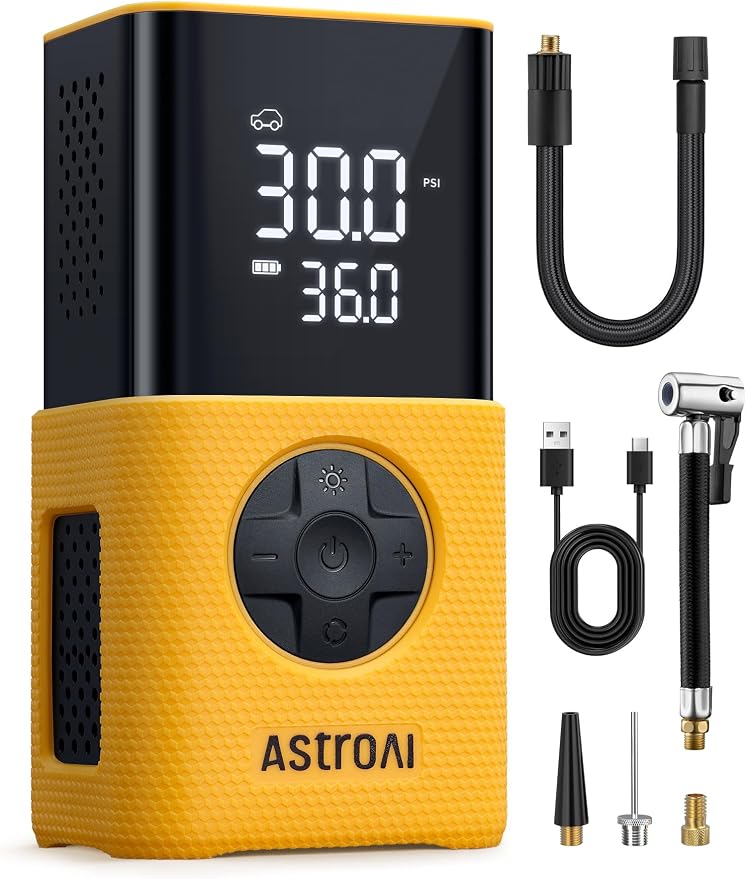 AstroAI L7S Tire Inflator Portable Air Compressor Cordless with Digital Pressure Gauge, 150 PSI LED Light Bike Air Pump with Fast Inflation & Auto Shut-Off for Car Tires,Motorcycles,Bikes,Balls,Yellow by AstroAI