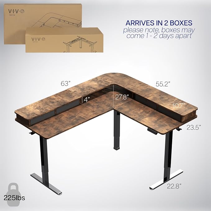 VIVO Vintage Brown 63 x 55 in Corner Standing Desk, DESK-E3CVN | Electric, 2-Tier, L-Shaped, Sit Stand, Height Adjustable, Memory, Rustic Vintage Brown Top, Black Frame, Black Drawers - Image 6