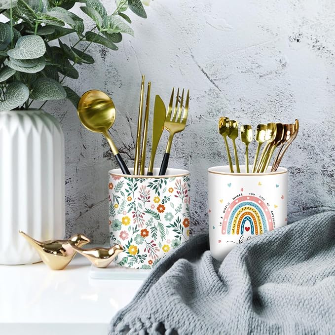 Pen Holder, Ceramic Durable Pencil Cup for Desk， Simple&Modern Style Makeup Organizer, Cute Multifunctional Office Supplies for Home, Kids and School, Rainbow Pattern - Image 7