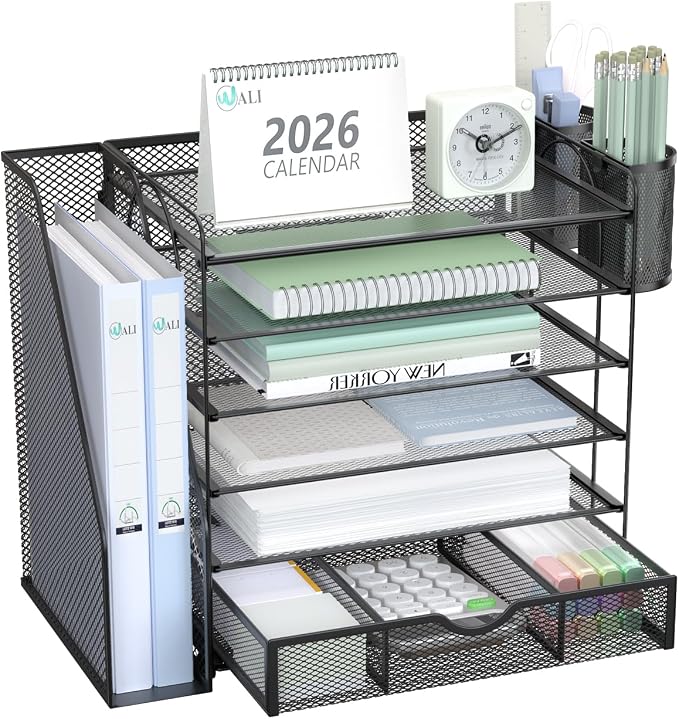 WALI Desk File Organizer, 6 Tier Desktop Paper Letter Tray Organizer with Drawer and 2 Pen Holders, Office Desk Accessories & Workspace Organizers for Office, Home Supplies(DO007DH-B), 1 Pack, Black by WALI