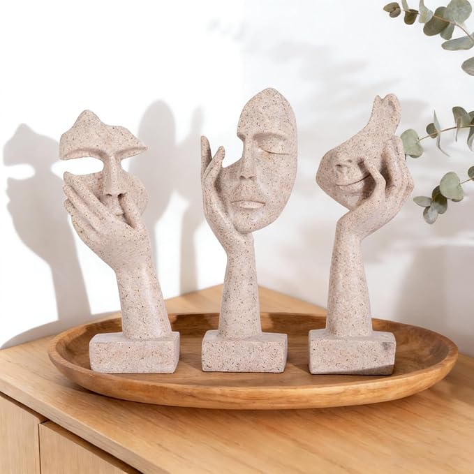 3 Pcs Thinker Statue - Resin Art Abstract Home Accent Figurines for Decor Apartment Bookshelf Floating Shelf Living Room Coffee Table Office Desk Counter Decor (3 Pcs Sandstone, 6") - Image 6