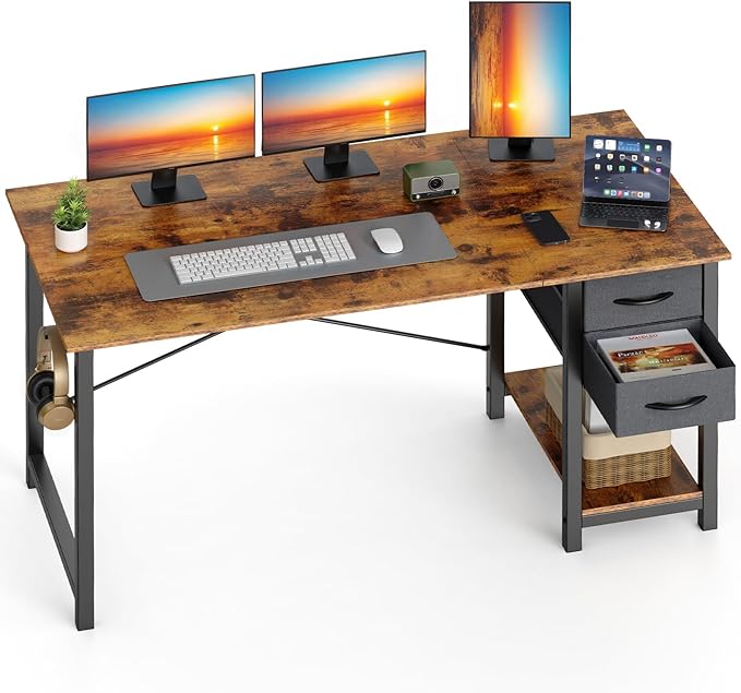 Sweetcrispy 47-Inch Computer Desk with Drawers, Office Desk, Brown | Small Desk for Bedroom Home Office with Side Hook, Modern Simple desk with storage for Writing by Sweetcrispy