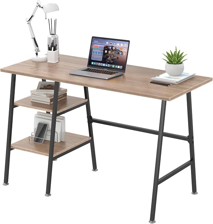 VECELO 43 Inch Computer Home Office Desk, Modern Simple Writing Desk with Storage for Bedroom, Simple Table Modern Student Study Desk,Water Proof, Oak+Black Leg by VECELO