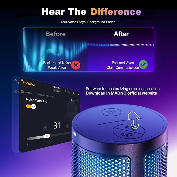 MAONO DGM20S Gaming Microphone for PC with Clear Voice & Noise Reduction | RGB Lighting, Tap-to-mute, Gain Control, Headphone Monitoring and Boom Arm for Discord Gaming, Streaming, Content Creation - Image 3