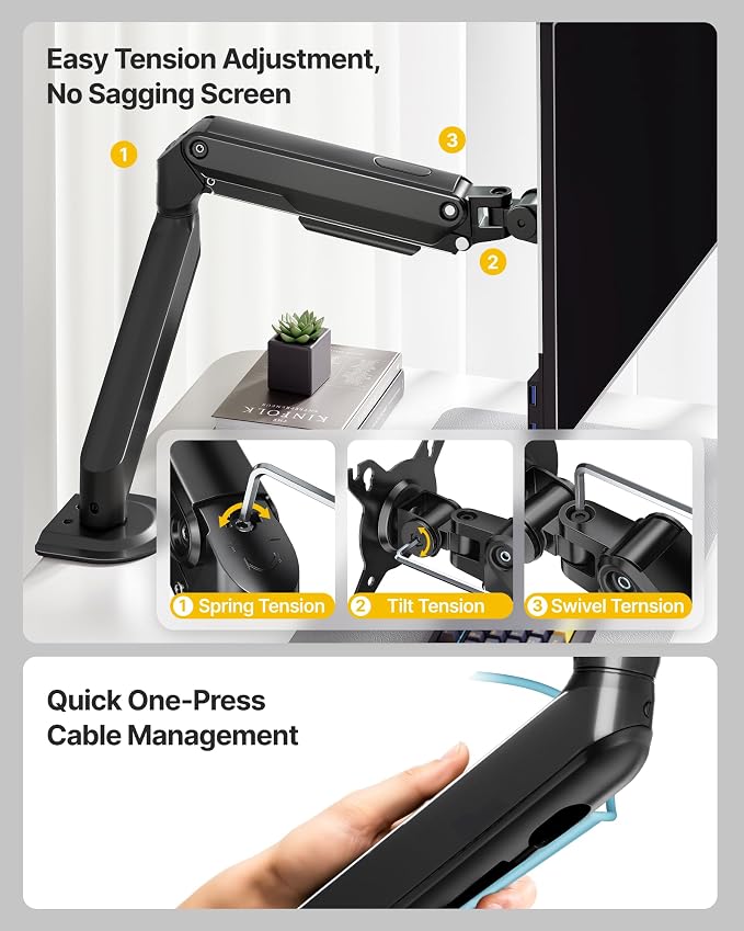 monTEK Single Monitor Arm Mount for 17-32 Inch Screens, Heavy Duty Steel Mechanical Spring Desk Monitor Stand, Full Motion Adjustable Monitor Arm with Clamp & Grommet, VESA 75/100, Holds up to 20lbs - Image 6