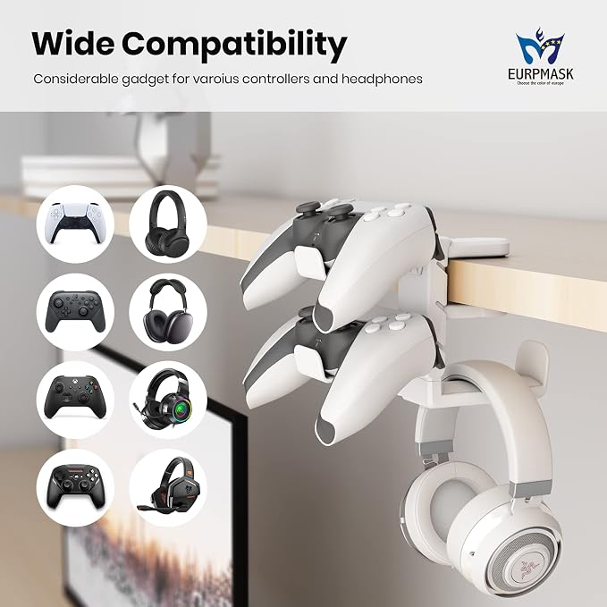 3-in-1 Headset&Controller Holder - EURPMASK Upgraded PC Gaming Headset Stand, Adjustable Clamp-on Headphone Holder,Headphone Controller Hook Under Desk w/ 360 Degree Swivel&Cable Clip Organizer-White - Image 3