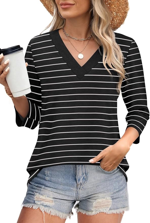 WIHOLL Womens Tops 3/4 Length Sleeve V Neck Casual Tunic Tops Basic Shirts Loose Fit Blouse - Image 2