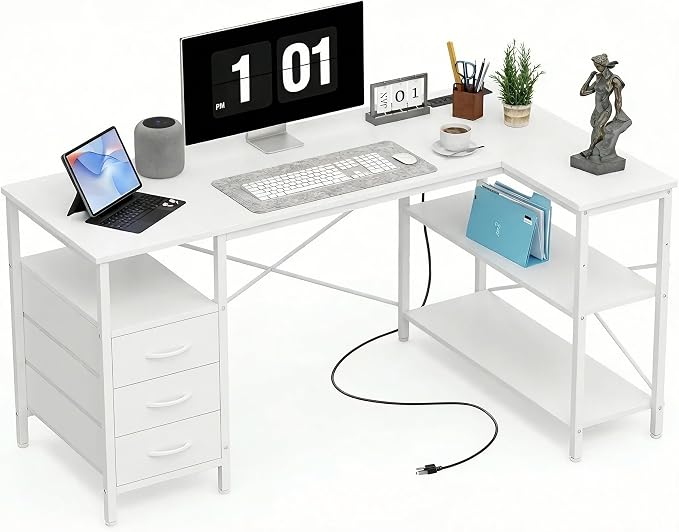 Alpen L Shaped Computer Desk, 55 Inch Corner Desk with Drawers and Power Outlets, Home Office Desk for Gaming, Study Writing PC Table with Storage and Reversible Shelf, White by ALPEN