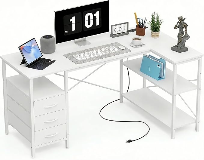 Alpen L Shaped Gaming Desk with Power Outlets, 47 Inch Computer Desk with 3 Drawers and Shelves, Corner Desk for Gaming, Study Writing PC Table with Storage and Reversible Shelf, White by ALPEN
