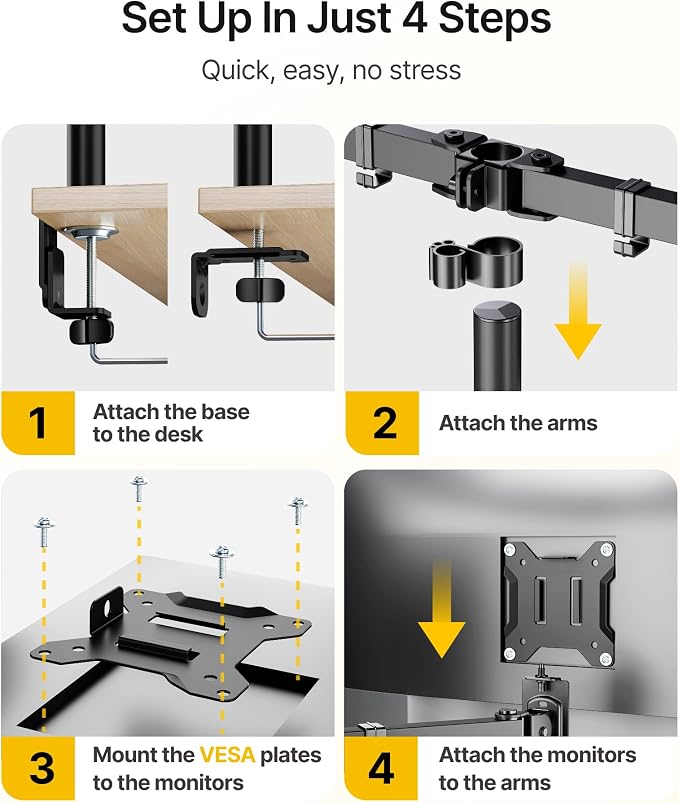 monTEK Quad Monitor Stand for Four 17-32" Screens, 22 lbs Each | Four-screen desk mount, height adjustment, tilt, swivel, rotation, clamp/grommet bases and VESA 75/100 - Image 6