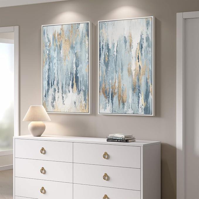 Large White Framed Blue and Gold Abstract Canvas Wall Art for Living Room, 2 Piece Modern Minimalist Prints Paintings Artwork for Walls, Glitter Pictures for Hallway Dining Bedroom Wall Decor 24x36 In - Image 2