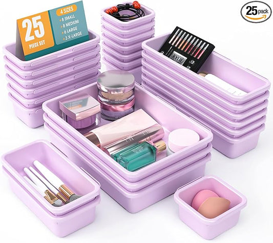 25 PCS Drawer Organizer Set, 4 Size Makeup Drawer Divider Organizer With Non-Slip Pads, Interlocking Plastic Storage Bins for Office,Jewelry Vanity,Gadgets, Bathroom,Kitchen, Purple by StoreHappily
