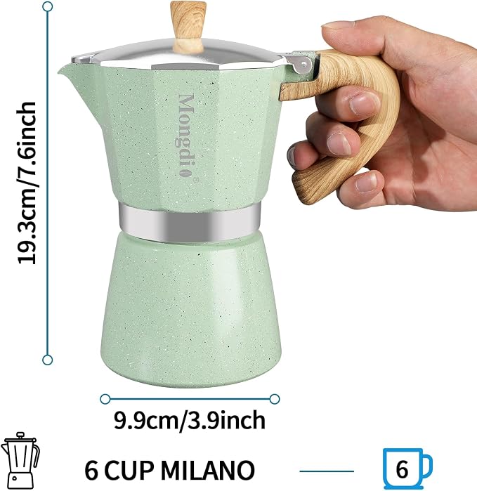 Mongdio Stovetop Espresso Maker Moka Pot, Cuban Coffee Maker Stove top coffee maker Moka Italian Espresso Greca Coffee Maker Brewer Percolator, 6 Espresso Cups, 10 oz - Green - Image 5