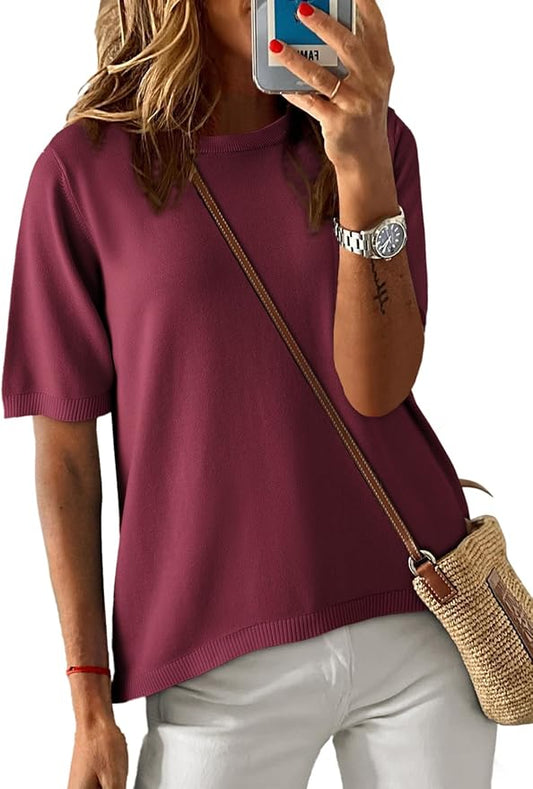Dokotoo Womens Tops 2026 Casual Summer Crewneck Short Sleeve Striped Color Block Knit High Low Trendy Pullover Sweaters by Dokotoo