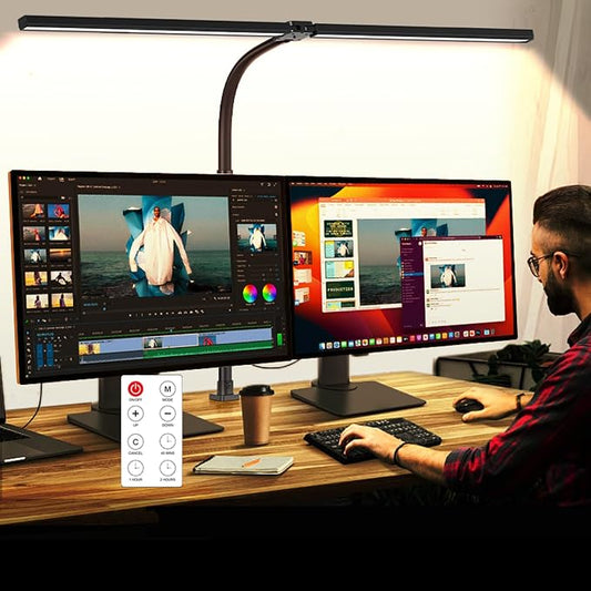 LED Desk Lamp with Clamp, Dual Head Monitor Light, Remote | 24W Dimmable Eye-Caring Task Lamp with Timer, Anti-Glare Cover and Gooseneck for Home Office Dorm, Workbench and Study by MACASA