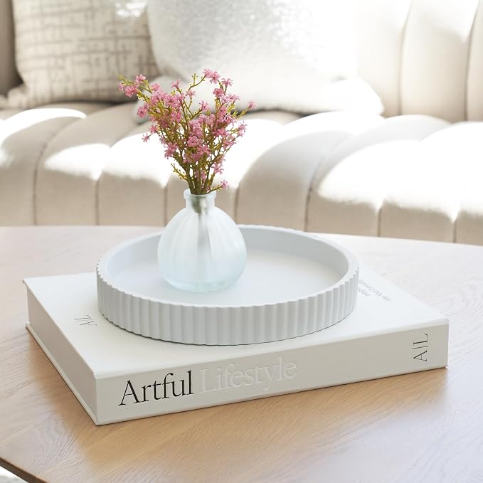 Decorative Concrete Tray & Book Decor Set - Scalloped Tray & Linen Box Enhance Your Coffee Table or Bookshelf Decor - Stylish Home Decoration for Your Living or Dining Room & as a Housewarming Gift - Image 4