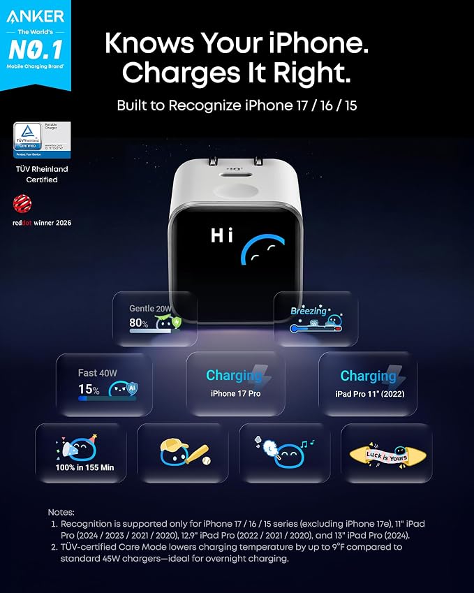 Anker Nano Smart Display Charger, 45W Max Fast Charger USB C for iPhone 17 | 180° Foldable Plug,Smart Recognition, Care Mode GaN USB C Charger Block for iPhone 17/16 (Non-Battery,1 USB-C Port,No Cable) - Image 2