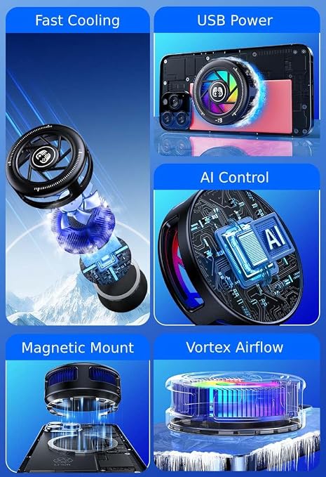 Phone Cooler for Gaming, Low Noise USB Cell Phone Cooler with Smart Temp Control, Phone Cooling Fan with RGB LED Lights, Magnetic Ring & Clip Fan for Phone Gaming & Streaming - Image 8
