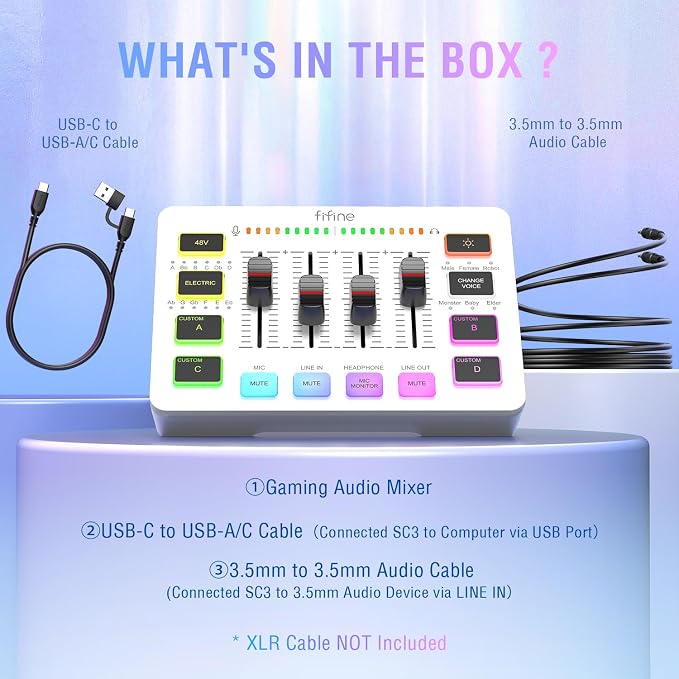 FIFINE Audio Mixer, Gaming Streaming PC Mixer with Slider Fader, XLR Microphone Interface, Monitoring, for Video/Game Voice/Podcast Recording-AmpliGame SC3W | USB PnP For PC,Mute Button,XLR Preamp,RGB,Voice change,48V Phantom Power,Monitoring,Podcast,R... - Image 9