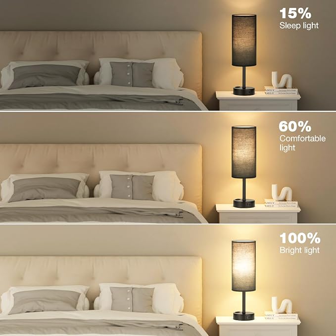 Fenmzee Black Bedside Lamp for Bedroom, Dimmable Touch, USB A+C, AC Outlet | 3-Way Dimmable, LED Bulb Included, USB C+A Charging Ports, Black Fabric Lampshade, Metal Base, 14in Small Table Lamp - Image 5