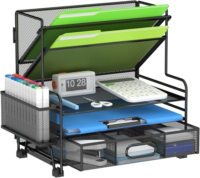 MINDEPOT 4-Tier Paper Organizer + 3-Pocket File Holder, Desktop File Organizers Paper Tray for Office School Classroom Workspace Organization (Black 2+3 Desk Organizer) by MINDEPOT